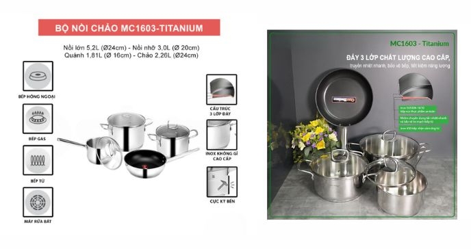 Bộ nồi inox Eurosun MC1603 Titanium