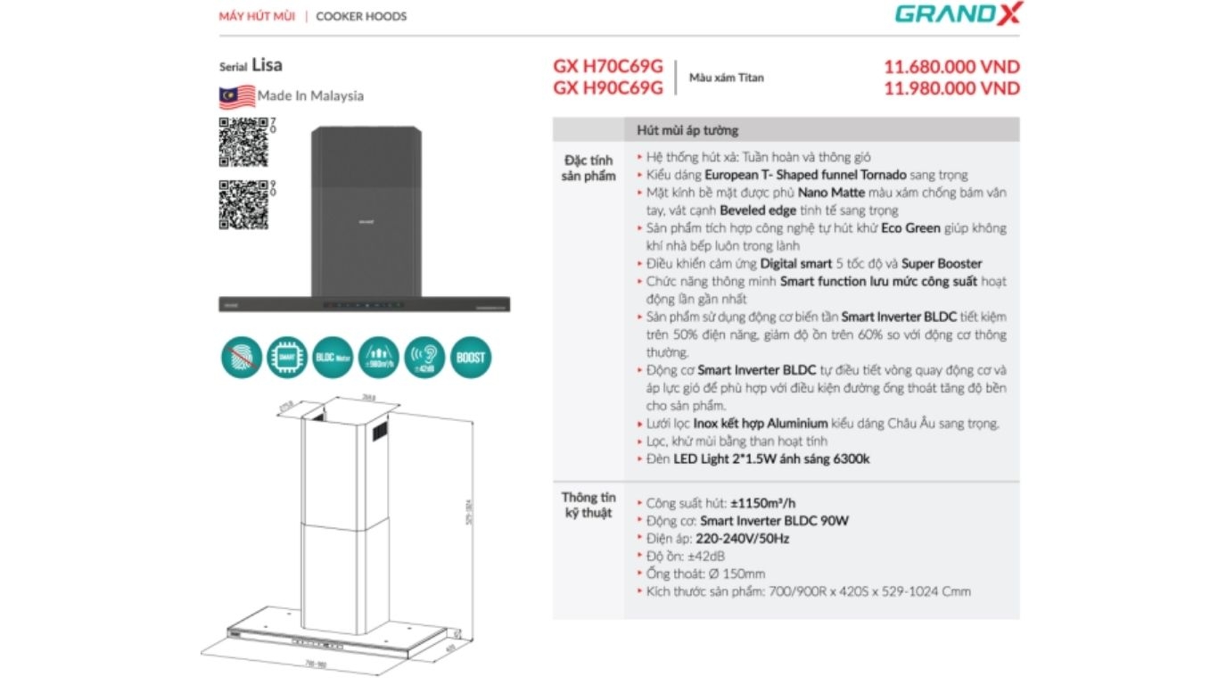 Máy hút mùi áp tường GrandX GX H90C69G