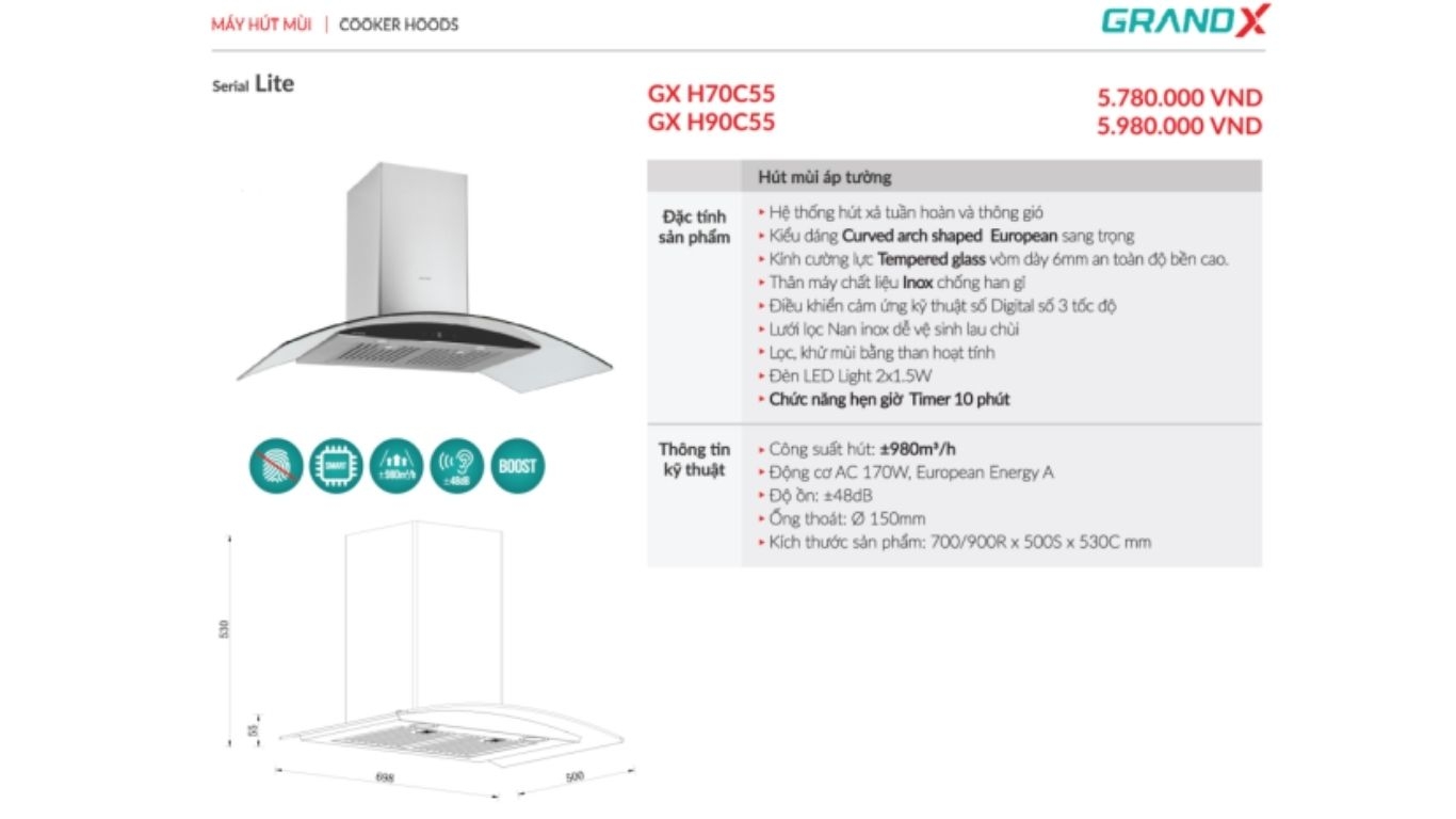 Máy hút mùi kính cong GrandX GX H90C55