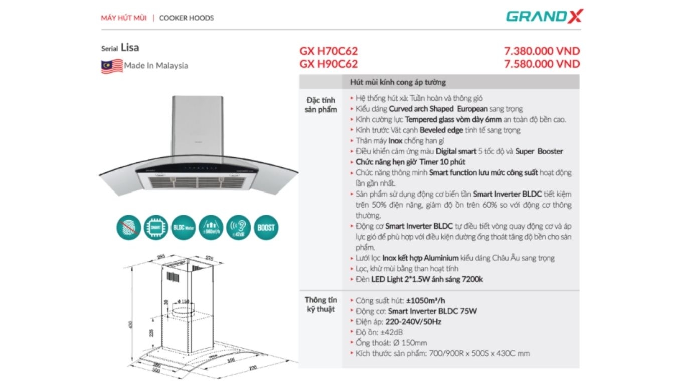 Máy hút mùi kính cong GX H90C62