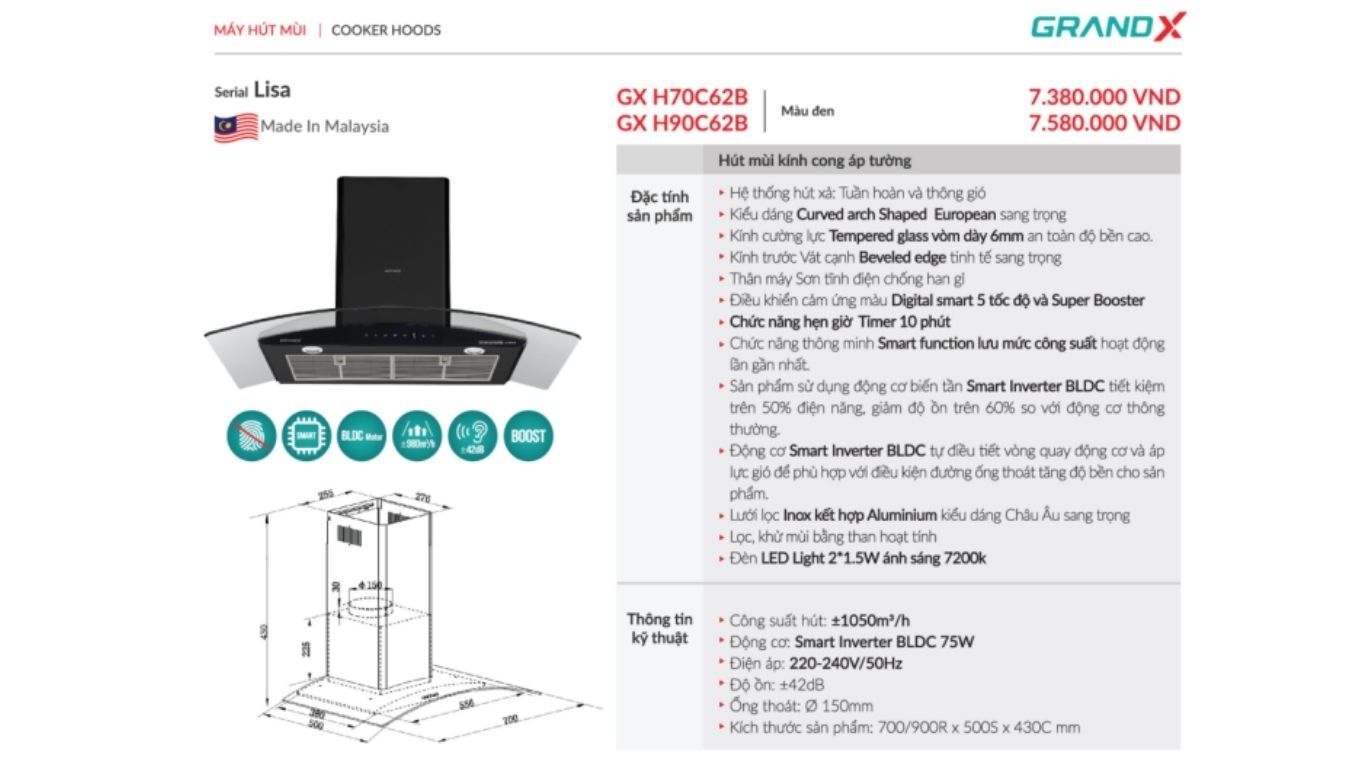 Máy hút mùi kính cong GrandX GX H90C62B