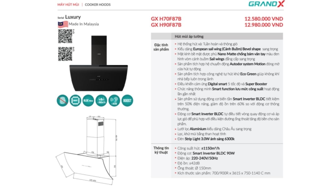Máy hút mùi áp tường GrandX GX H90F87B