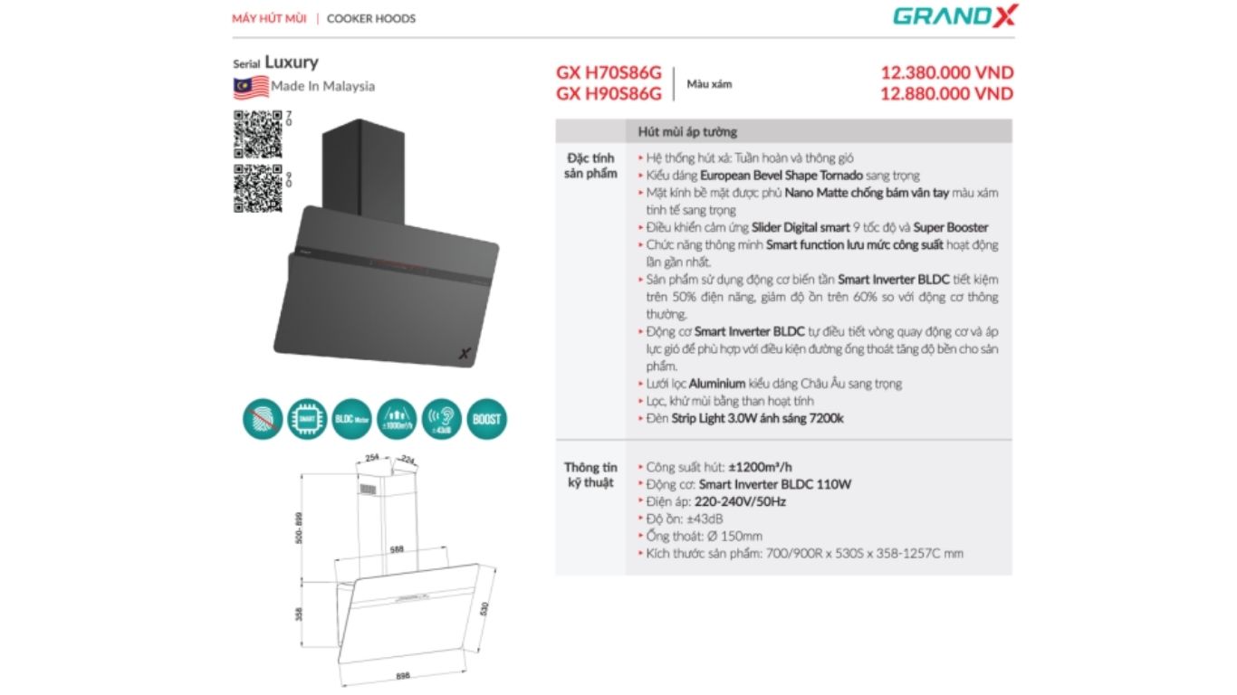 Máy hút mùi áp tường GrandX GX H70S86G