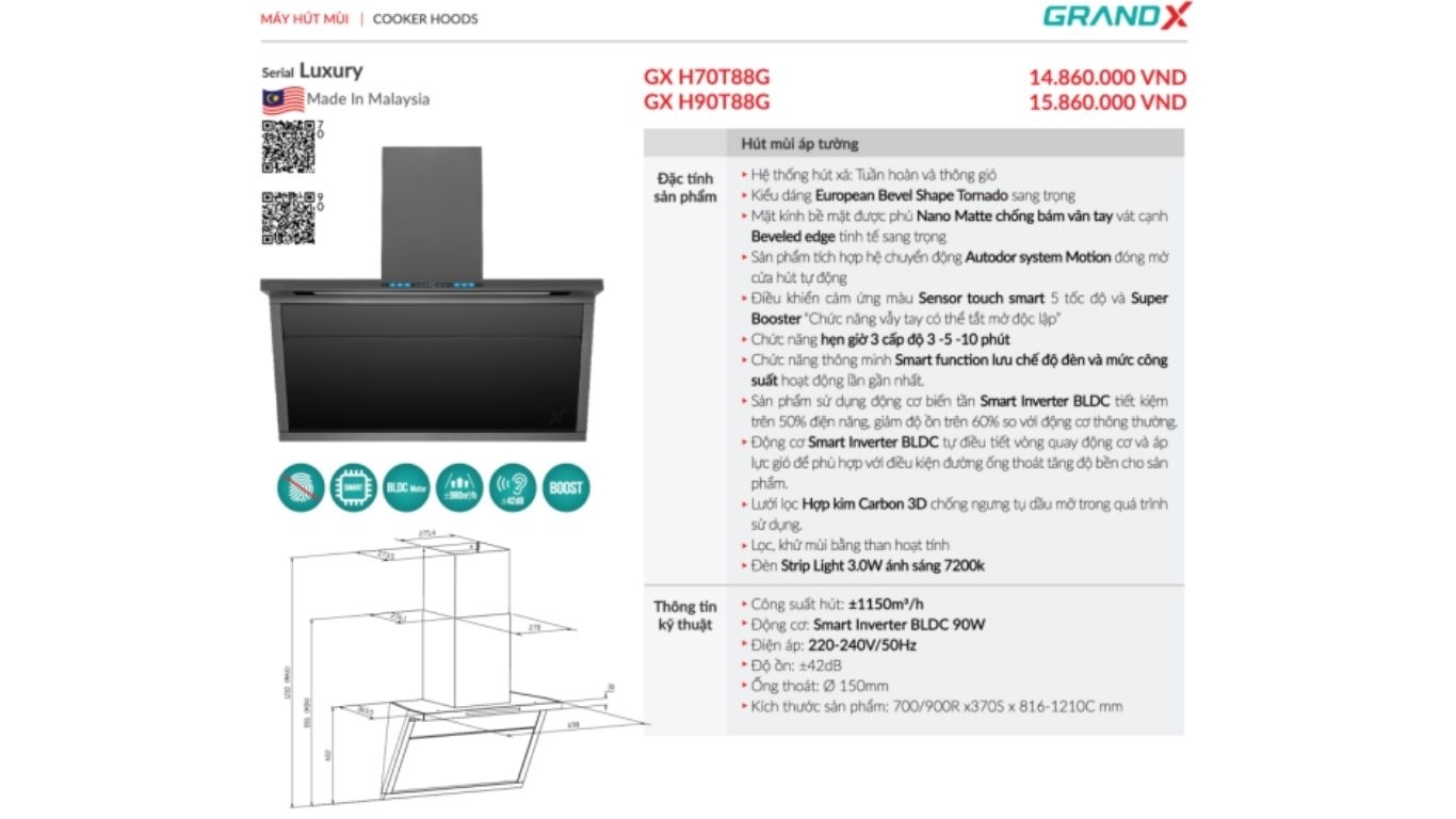 Máy hút mùi áp tường GrandX GX H70T88G