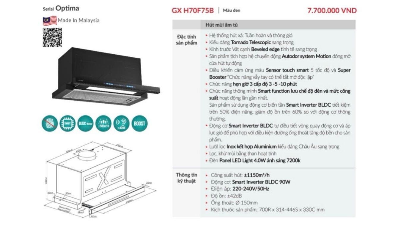 Máy hút mùi âm tủ GrandX GX H70F75B