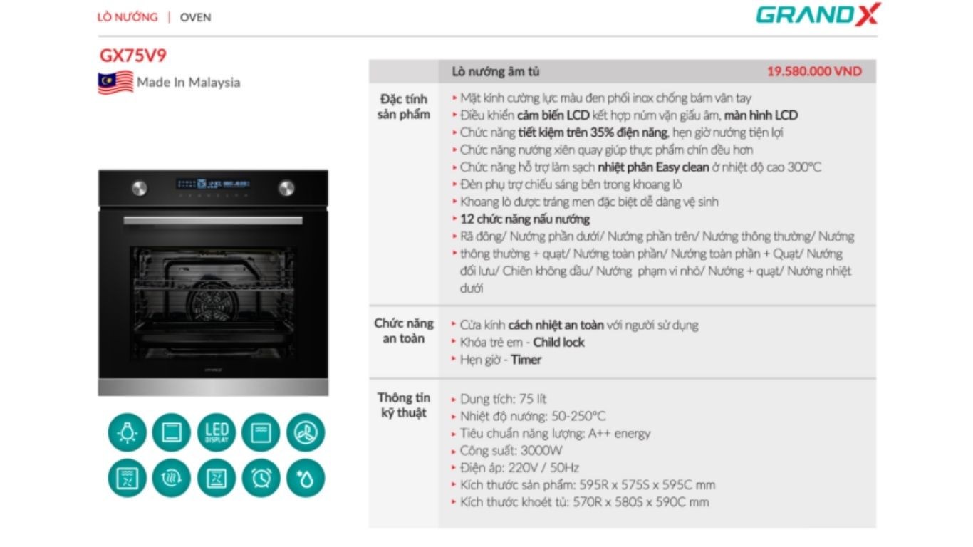 Lò nướng âm tủ GRANDX GX75V9