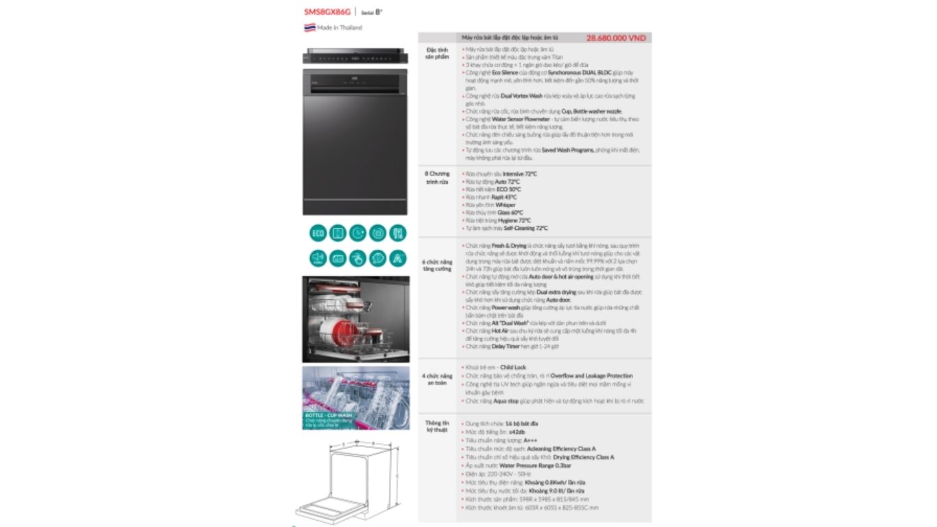 Máy rửa bát GRANDX SMS8GX86G Series 8