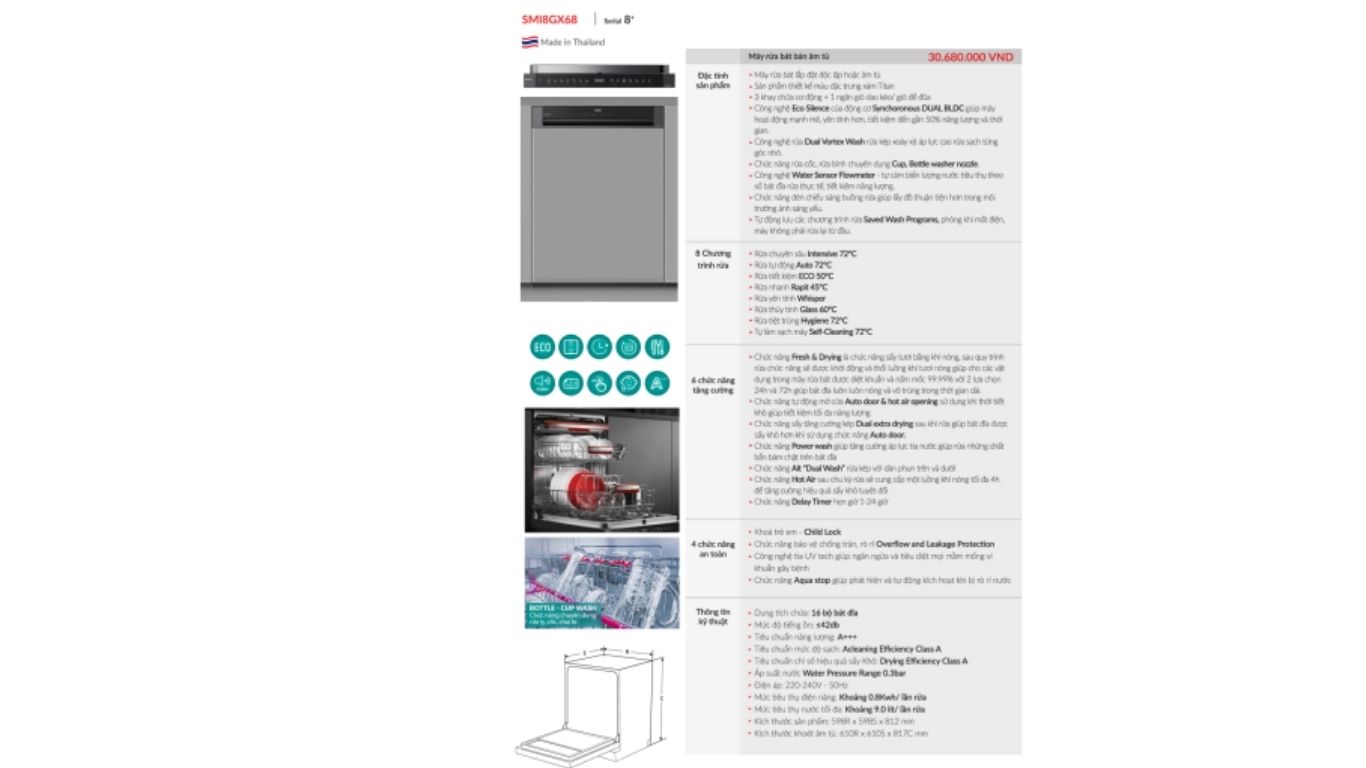 Máy rửa bát GRANDX SMI8GX68 Series 8