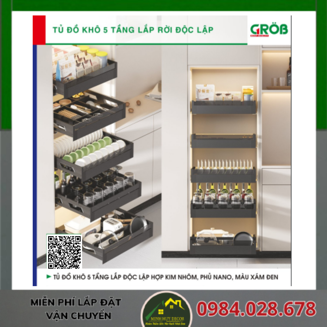 Tủ Đồ Khô 5 Tầng Lắp Độc Lập Hợp Kim Nhôm, Phủ Nano, Màu Xám Đen
