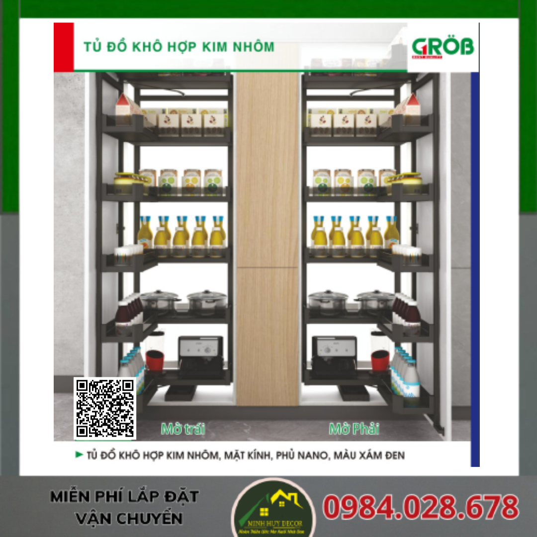 Tủ Đồ Khô Hợp Kim Nhôm, Mặt Kính Phủ Nano, Màu Xám Đen