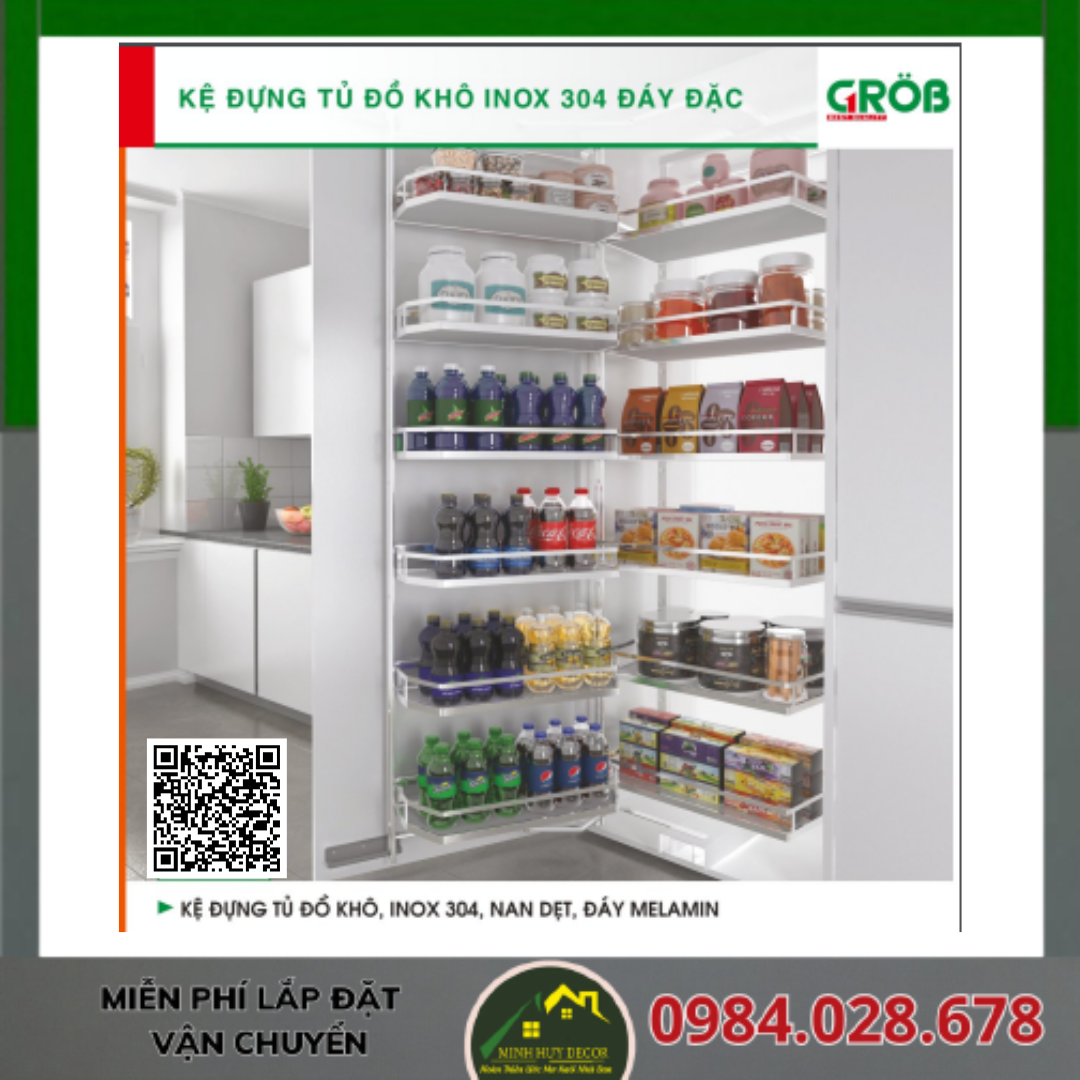 Kệ Đựng Tủ Đồ Khô, Inox 304, Nan Dẹt, Đáy Melamin