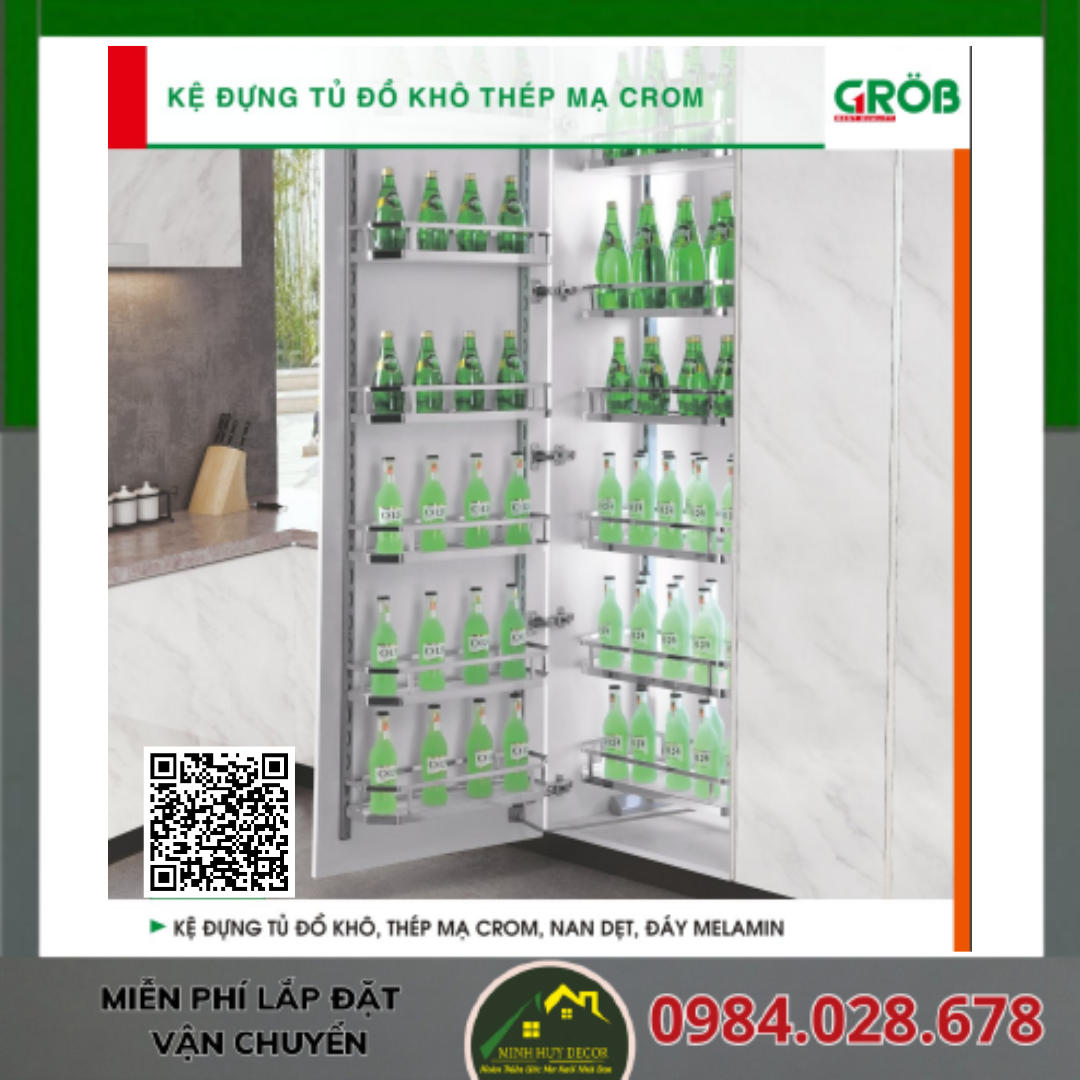 Kệ Đựng Tủ Đồ Khô, Thép Mạ Crom, Nan Dẹt, Đáy Melamin