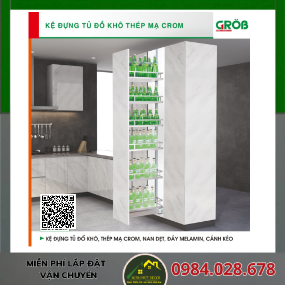 Kệ Đựng Tủ Đồ Khô, Thép Mạ Crom, Nan Dẹt, Đáy Melamin Cánh Kéo