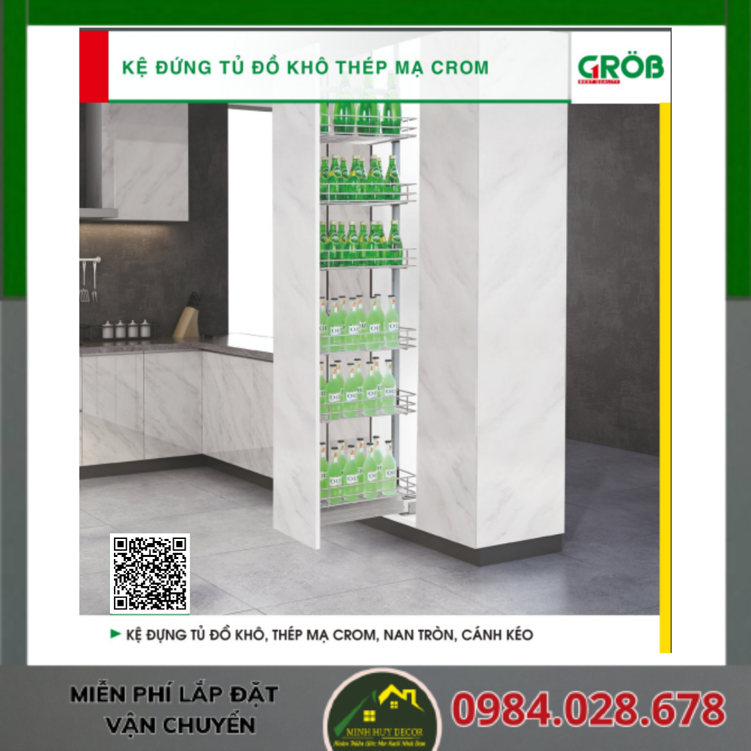 Kệ Đựng Tủ Đồ Khô, Thép Mạ Crom, Nan Tròn, Cánh Kéo