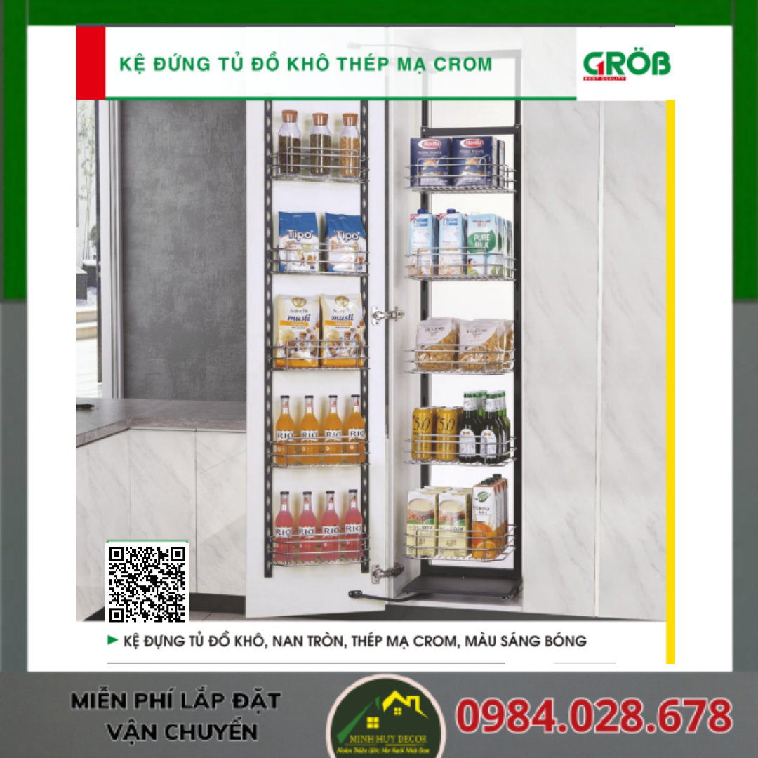 Kệ Đựng Tủ Đồ Khô, Nan Tròn, Thép Mạ Crom, Màu Sáng Bóng